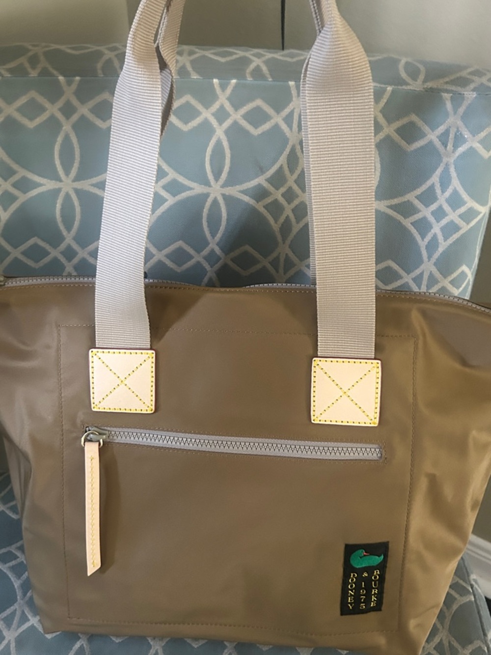 Dooney & Bourke Taupe Tote with Cream Straps and Pale Yellow Trim